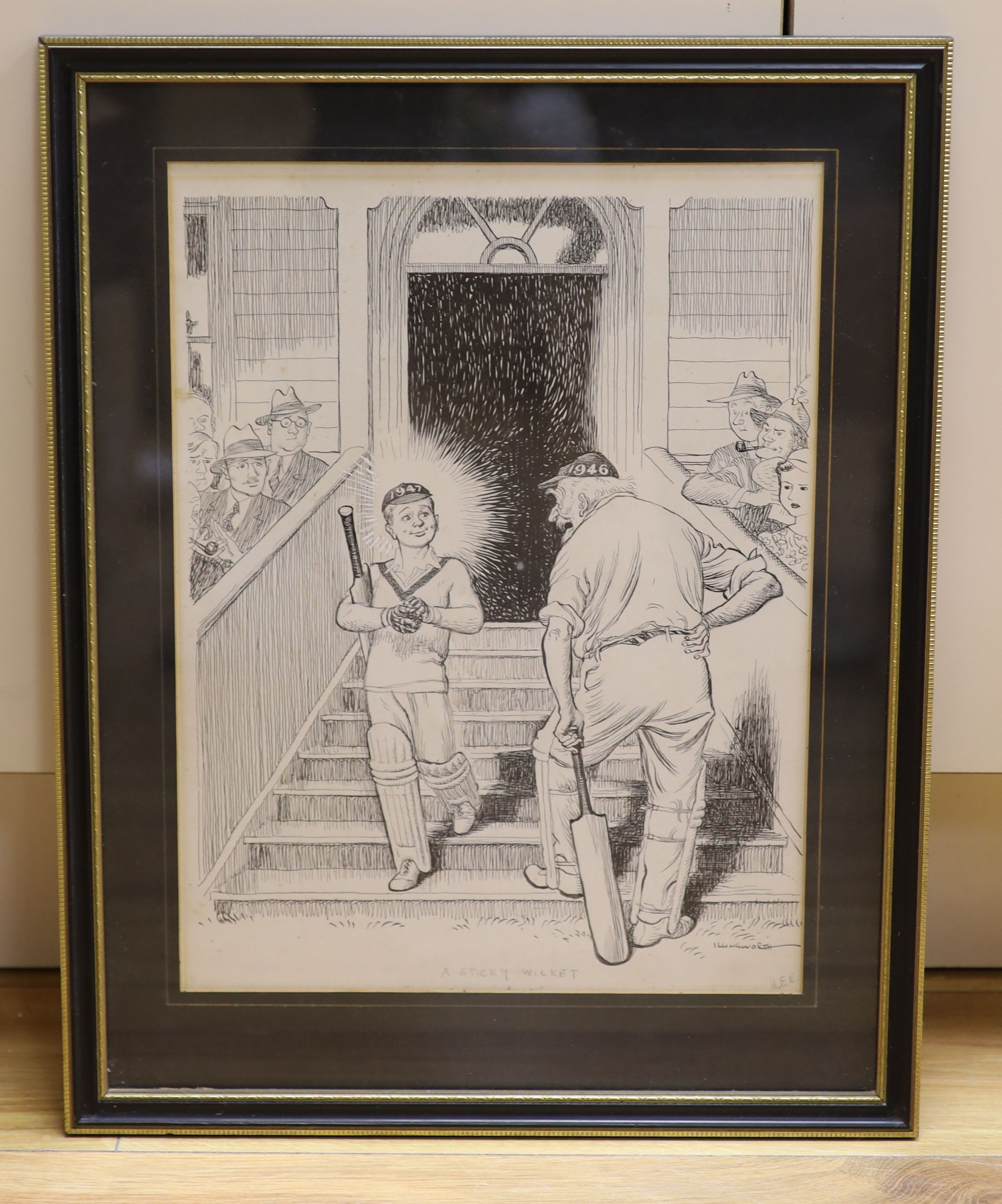 Leslie Gilbert Illingworth (1902-1979), pen and ink, 'A Sticky Wicket', signed, 38 x 28cm.